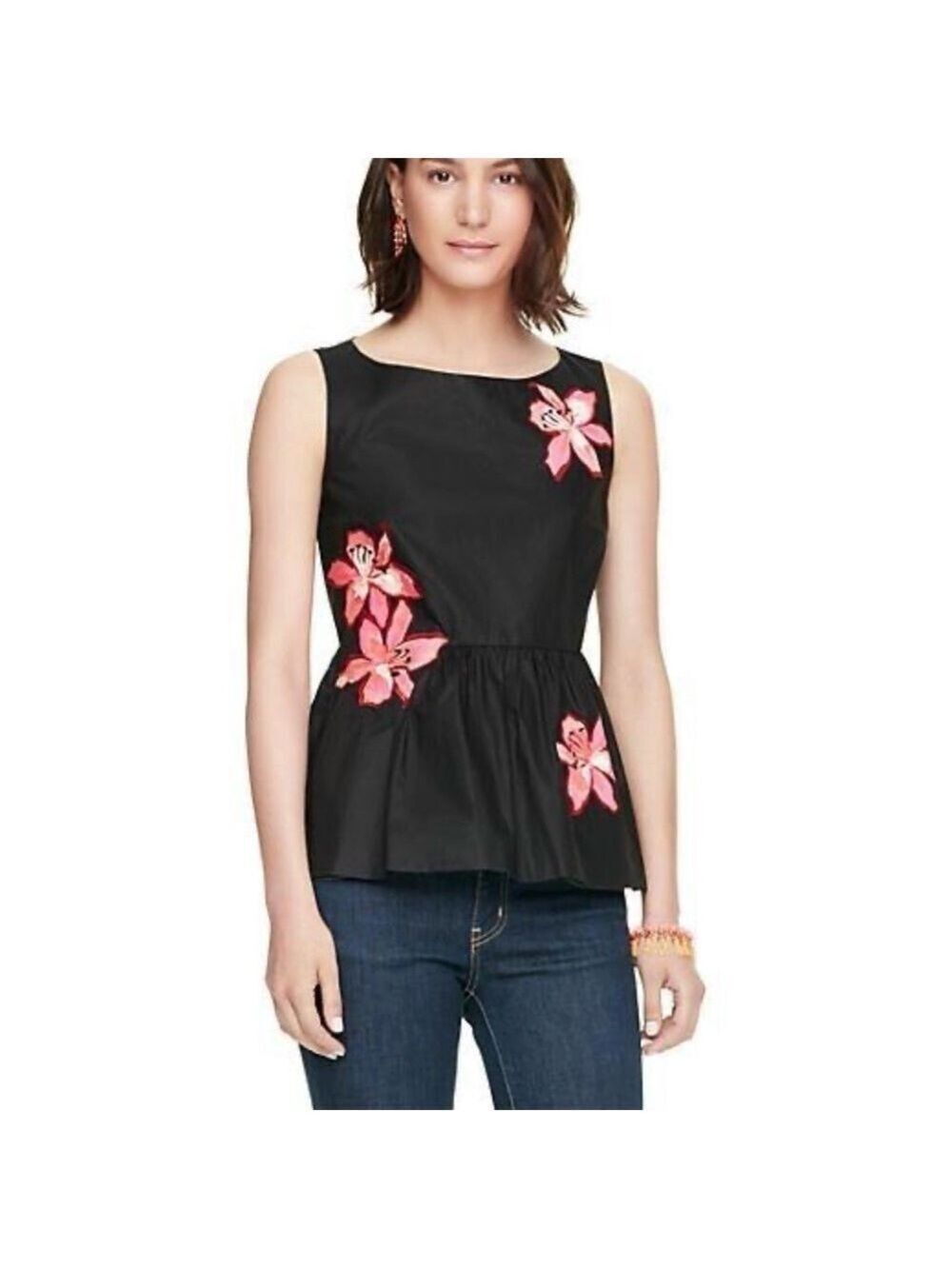 Sleeveless Black Peplum Top with Pink Floral Embroidery